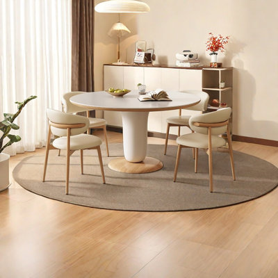 Creamy Round Dining Table with Wooden Accent