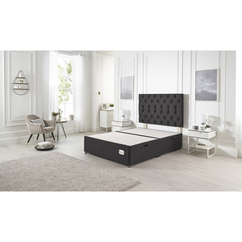 Orchid Side Lift Ottoman Divan Bed Base with Upholstered Headboard, Kingsize (5'), Black Plush Velvet