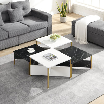 Wooden Modular Coffee Table Set - 4-Piece Square Tables For Free Combination(Black+White)