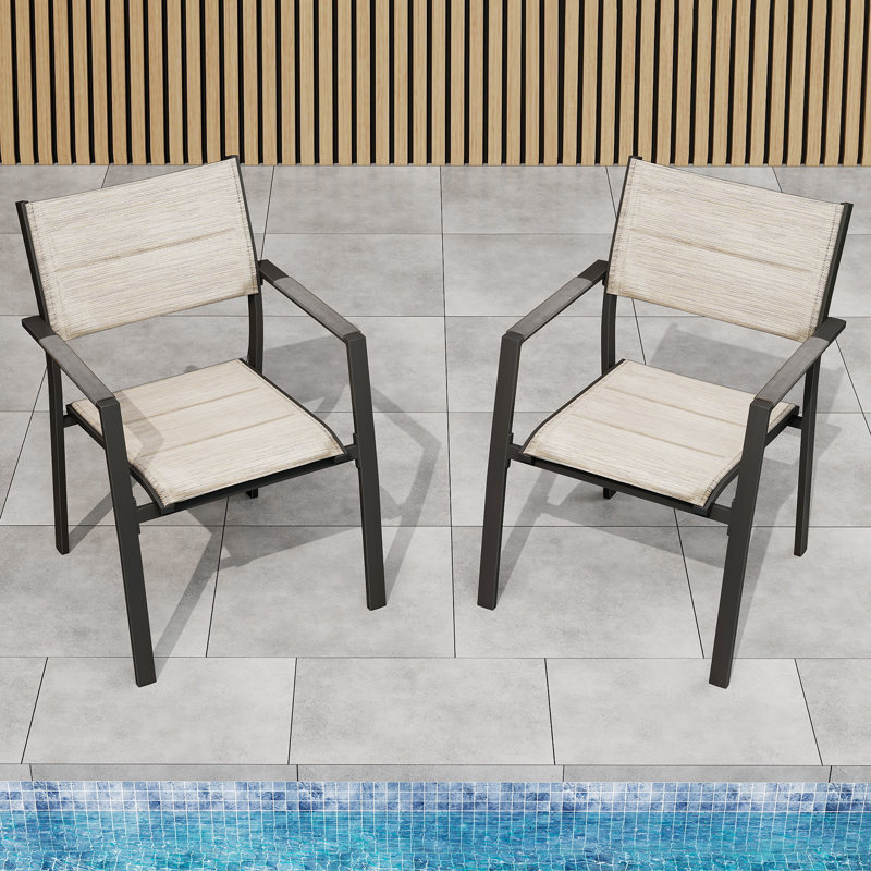 Chaises de patio empilables 2 pièces, chaises de patio d'extérieur empilables en aluminium Never-Rust, ensemble de 2 chaises d'extérieur avec textilène épaissi à double couche pour terrasse, jardin, piscine, chêne chaulé