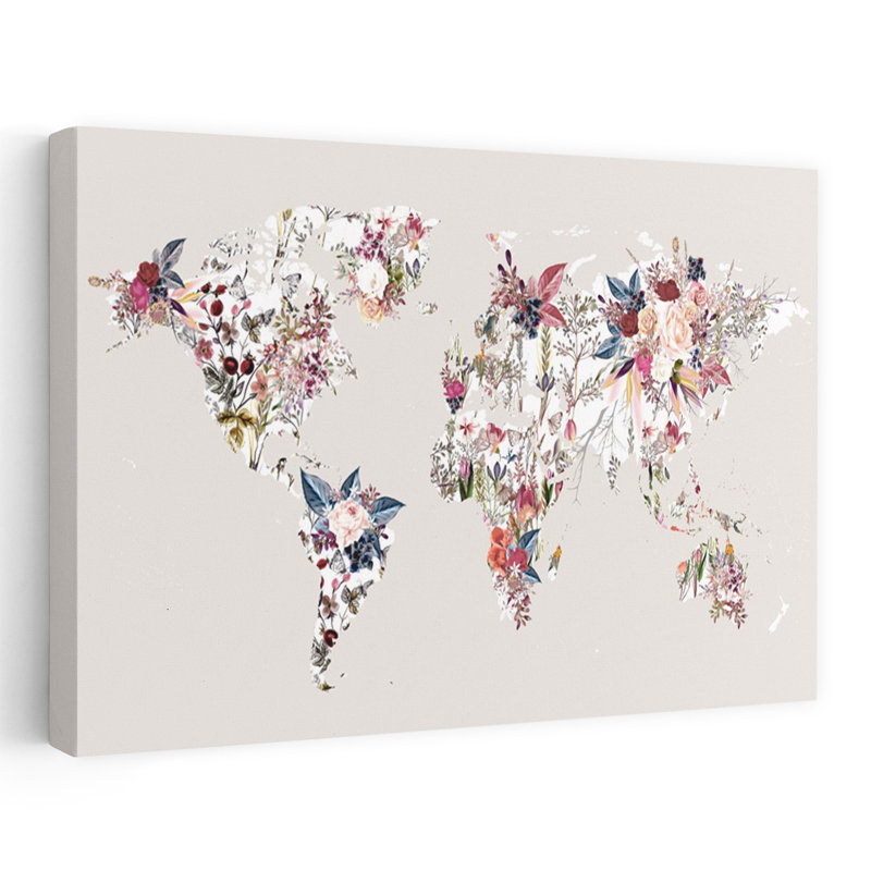 Art contemporain abstrait «World Map Flowers Light», H 16 po x l 24 po