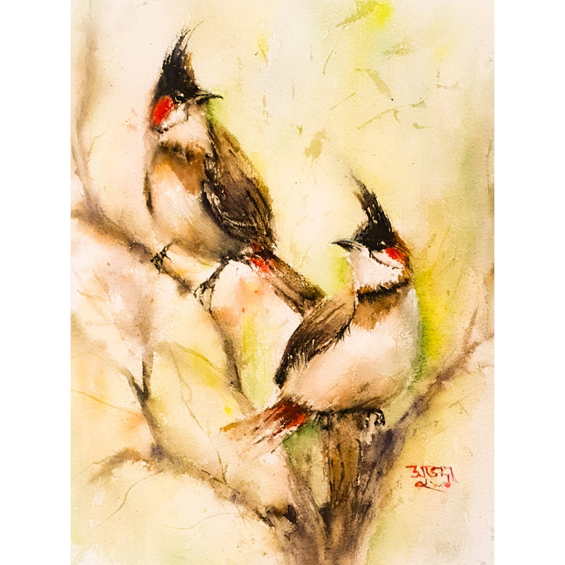 Paire de bulbes à moustache rouge | Aquarelle sur papier | Par Subhadra Sarkar
