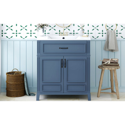 Meuble-lavabo en bois massif avec lavabo en céramique 30 po - Design rétro, style vasque fonctionnelle, nombreuses options de tablettes