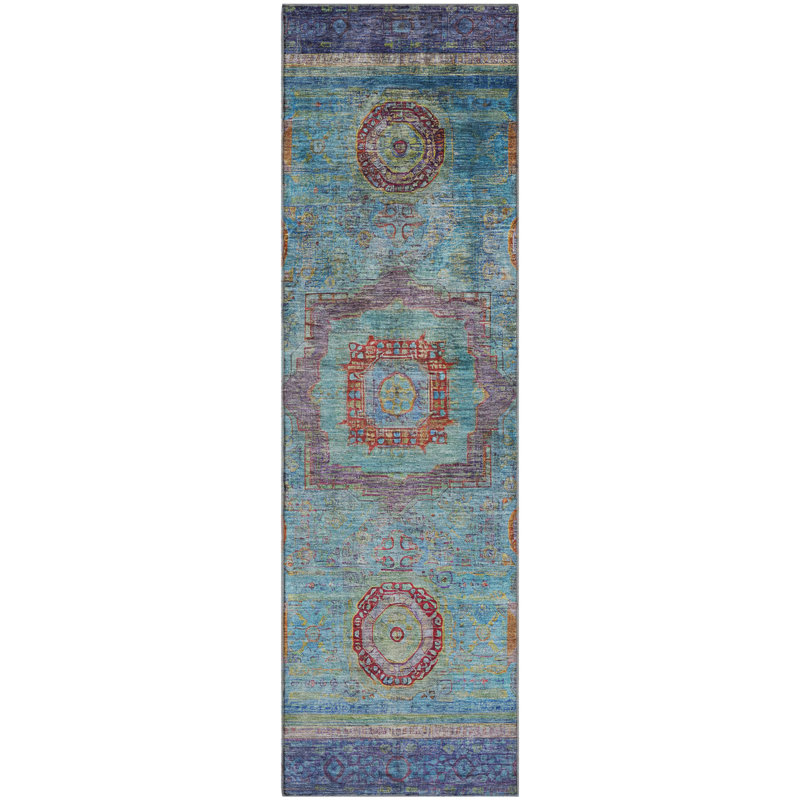 Premium Machine Washable Mayfield AMF2159 global Rug, Runner2'3" x 7'6", Teal