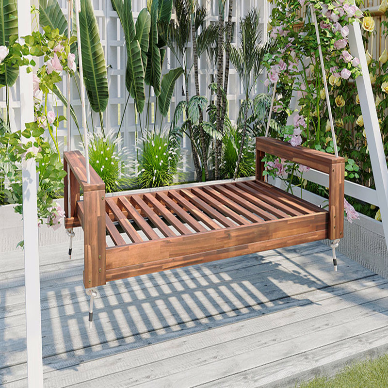 Ensemble de balançoire à baldaquin pour lit simple de taille supérieure, cadre de patio en bois d'acacia avec cordes en chanvre pour le jardin, la cour, naturel