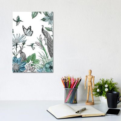 Peacock And Flowers by Amelia Ilangaratne - Wrapped Canvas Print