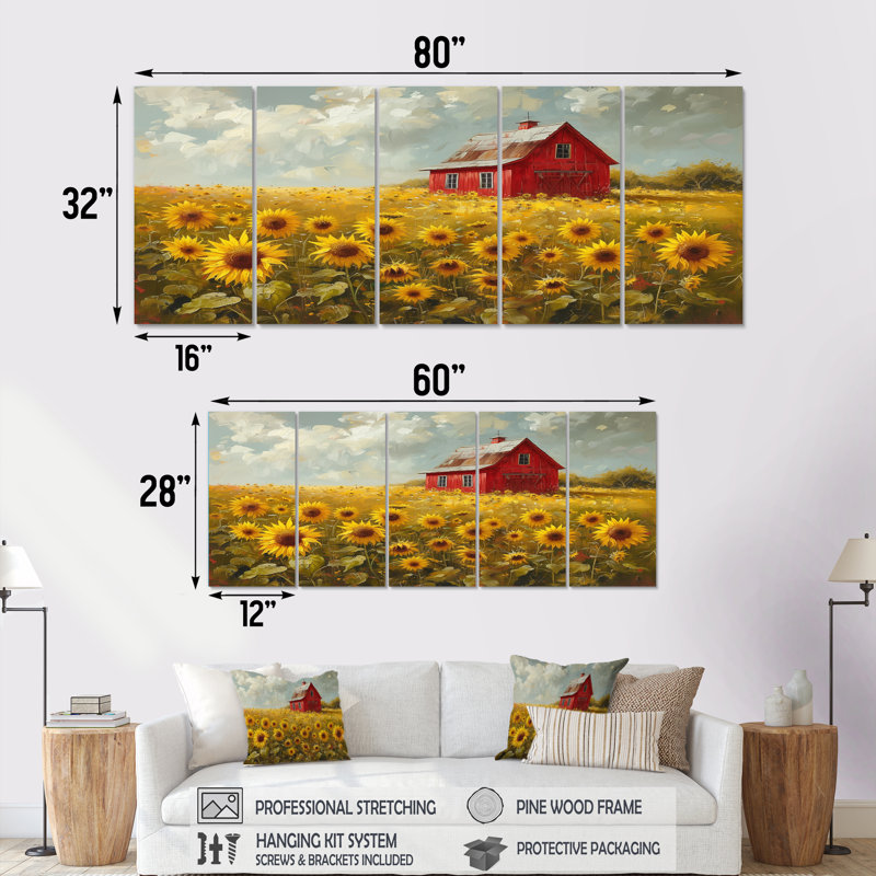 Paula - tournesols, ensemble d'art sur toile, H 32 po x l 80 po
