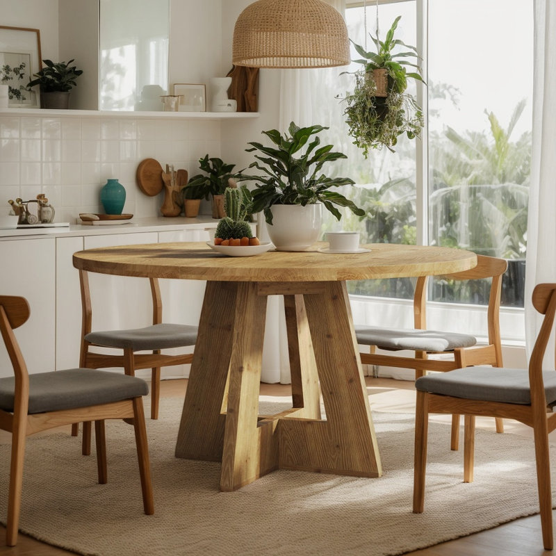 Solid Wood Round Dining Table for 4-6, Farmhouse Kitchen Table with Cross Base