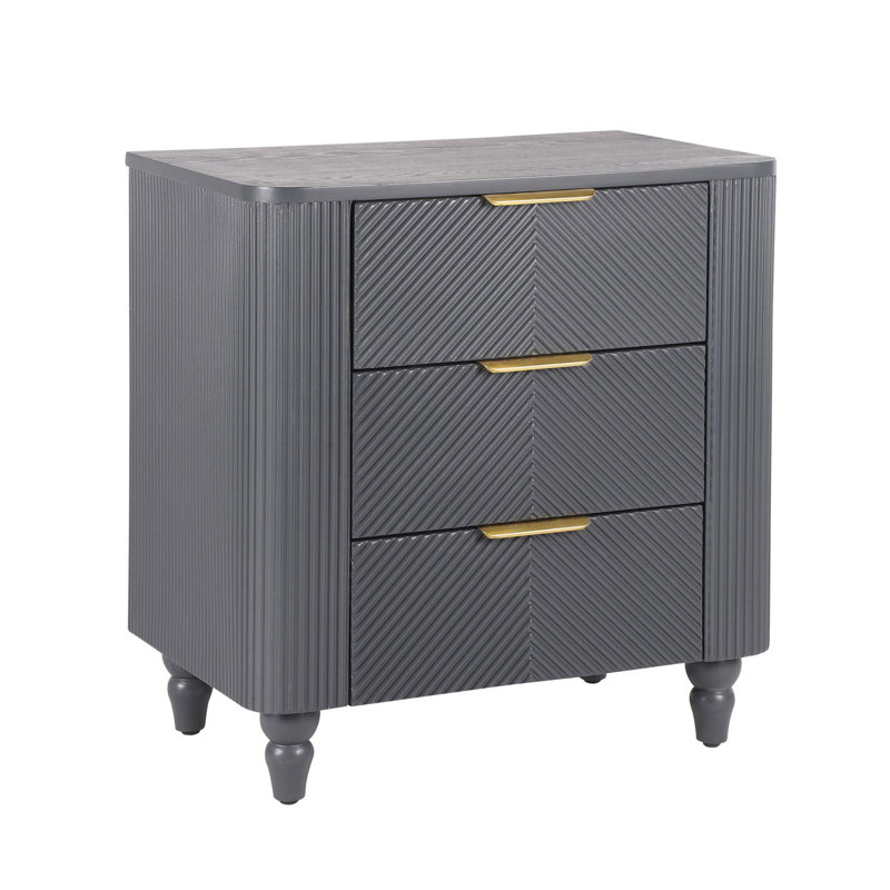 Table de chevet à 3 tiroirs avec rainures ondulées et pattes de courge, idéale pour le rangement moderne et polyvalent dans les chambres et les salons