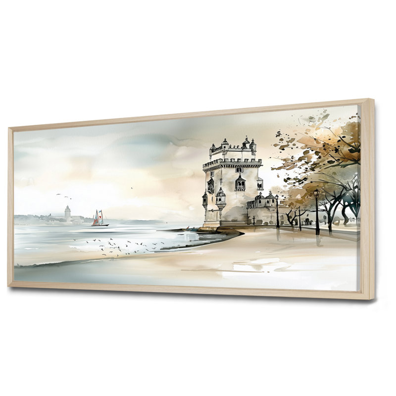 Belm Tower In Portugal - Portugal, art mural pour le salon, H 28 po x l 60 po, Cadre crème crème