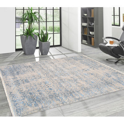 Tapis rectangulaire bleu transitionnel en laine / soie / rayonne de bambou noué à la main