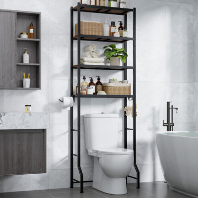 Over The Toilet Storage Rack - Freestanding Over The Toilet Storage Cabinet with Paper Holder & Hooks, Bathroom Organizers and Storage, Brown + Black, 4 Tiers (72.6" H)
