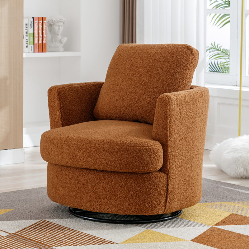 32"W Slipcovered Upholstered Swivel Barrel Chair, Caramel Boucle