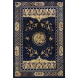 Hand Knotted Pile Wool Antique Blue Ivory Beige Cream White Rectangle 1920s Rug