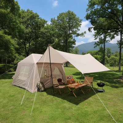 Tente de camping gonflable de 5,72 M², tentes de glamping Tente d'extérieur en coton coupe-vent 4 saisons facile à installer avec cric et fenêtres en maille et pompe