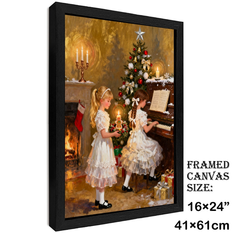 Filles de Noël rétro encadrées noires jouant et gambadant des impressions encadrées de style rétro, H 25 po x l 17 po