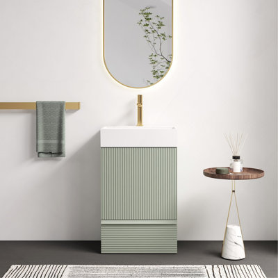 20" Striped Light Green Bathroom Vanity with White Ceramic Sink, Freestanding Bathroom Cabinet for Modern Bathroom, One-Piece White Ceramic Basin Without Drain and Faucet