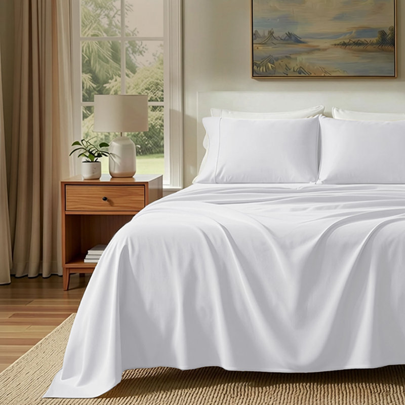 Ensemble de draps 100% coton égyptien 400 fils Threadmill, Ensemble de draps pour grand lit avec 2 taies d'or, Blanc