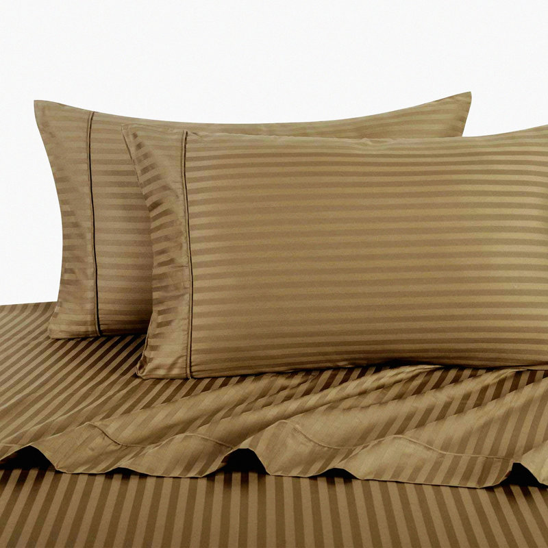 Taupe Stripe Cotton Sateen Queen Sheet Set - 4PC 300 Thread Count Deep Pocket Bed Sheets