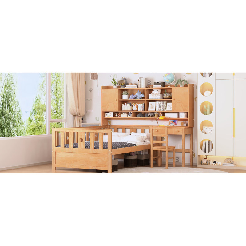 Lit plateforme multifonctionnel avec aspect bois naturel, bureau, bibliothèque et fauteuil, Naturel