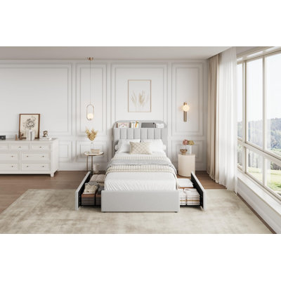Twin Size Boucle Upholstered Platform Bed with Storage Headboard & 2 Drawers - Wood Slat Bed Frame, No Box Spring Needed