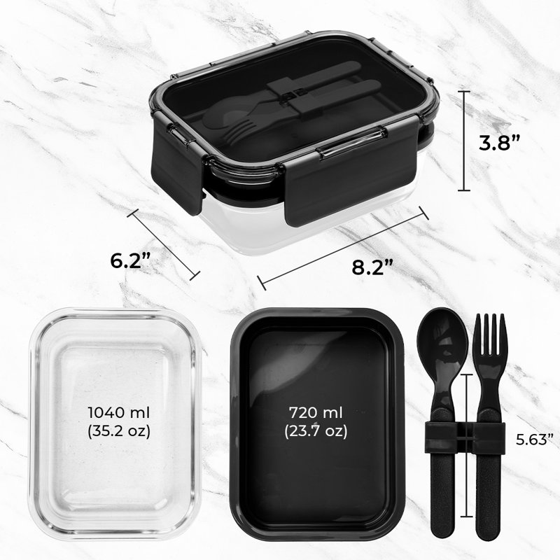 Prep & Savour Borosilicate Glass Double Layer Lunch Box With Utensils, 1740 ml , 2-Pack, Black