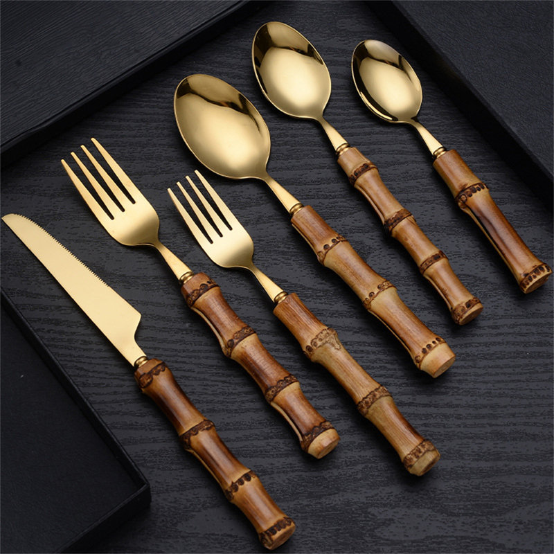Ensemble de couverts en acier inoxydable à poignée en bambou - Ustensiles dorés pour steak, dessert, repas occidentaux