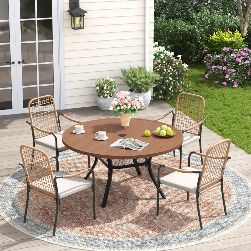 4-Person Patio Dining Set with Round Dining Table and Cushioned Rattan Stackable Chairs, Brush Wood Brown