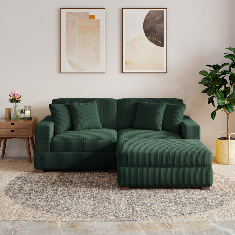 3 - Piece Upholstered Hunter Green Corduroy Modular Sectional Sofa with Pillow Back and Removable Ottoman