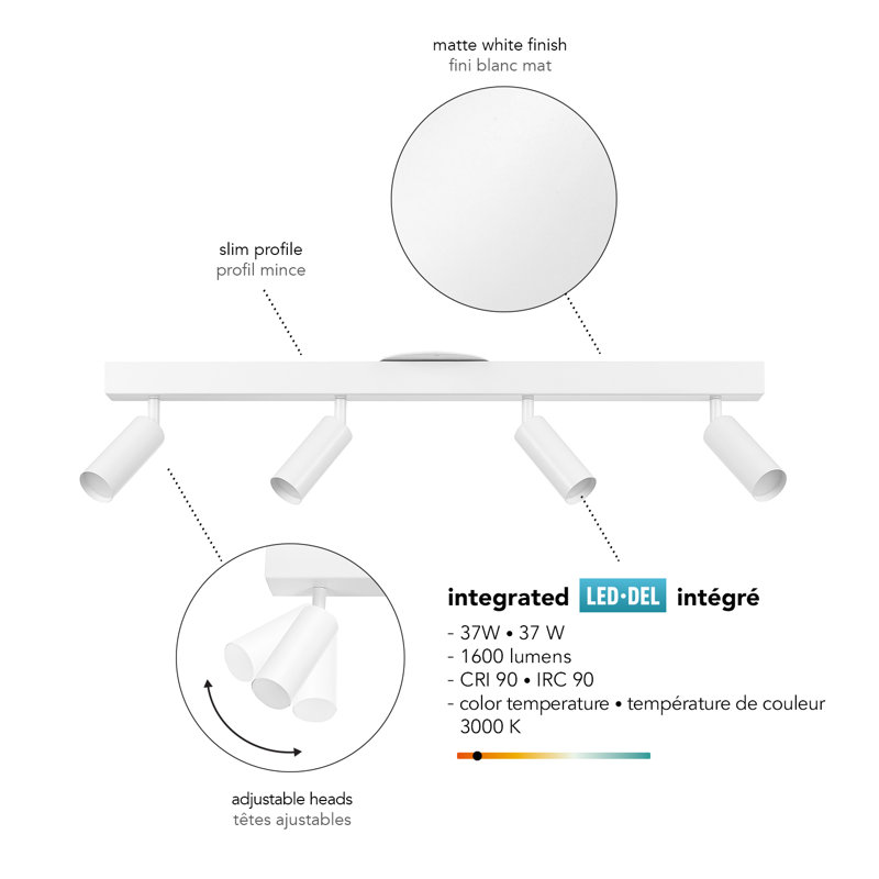 Bianca  4-Light Matte White Dimmable LED Integrated Track Lighting with Pivoting Track Heads