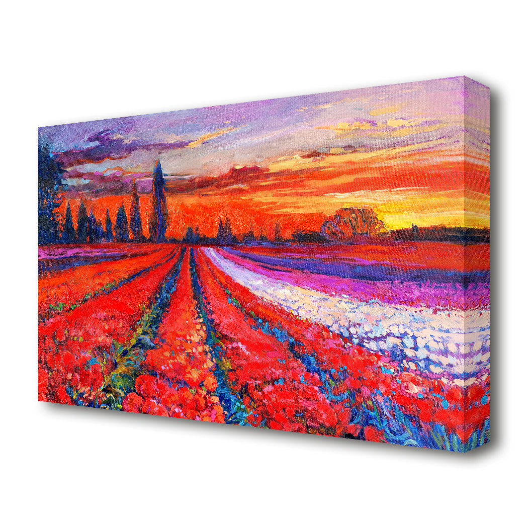 East Urban Home Red Tulip Field Sunset Landscape - Wrapped Canvas ...
