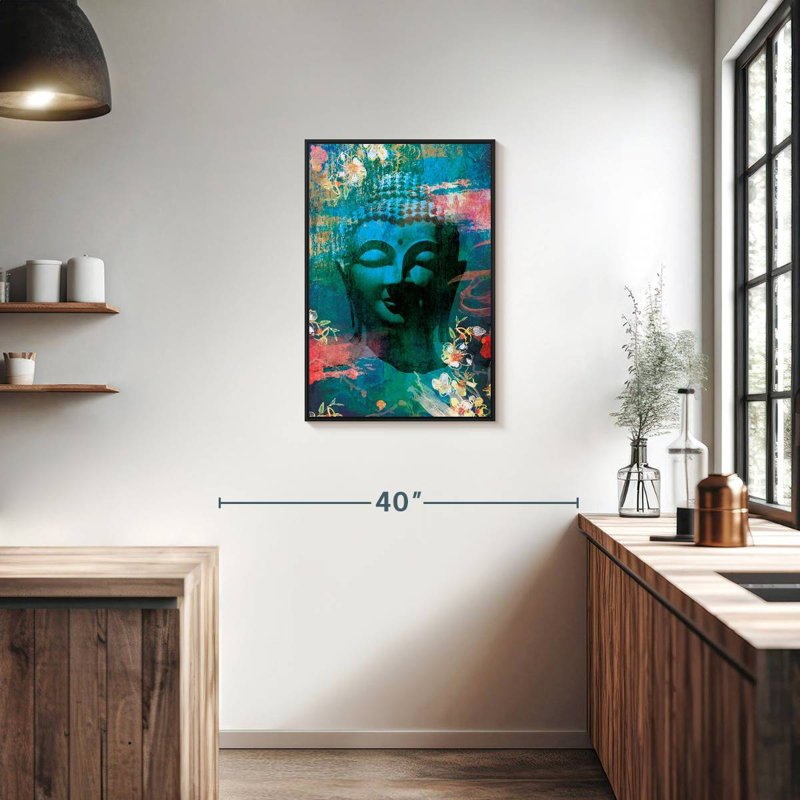 Tête de Bouddha fleurie I, Cadre flottant noir, 21 po x 31 po