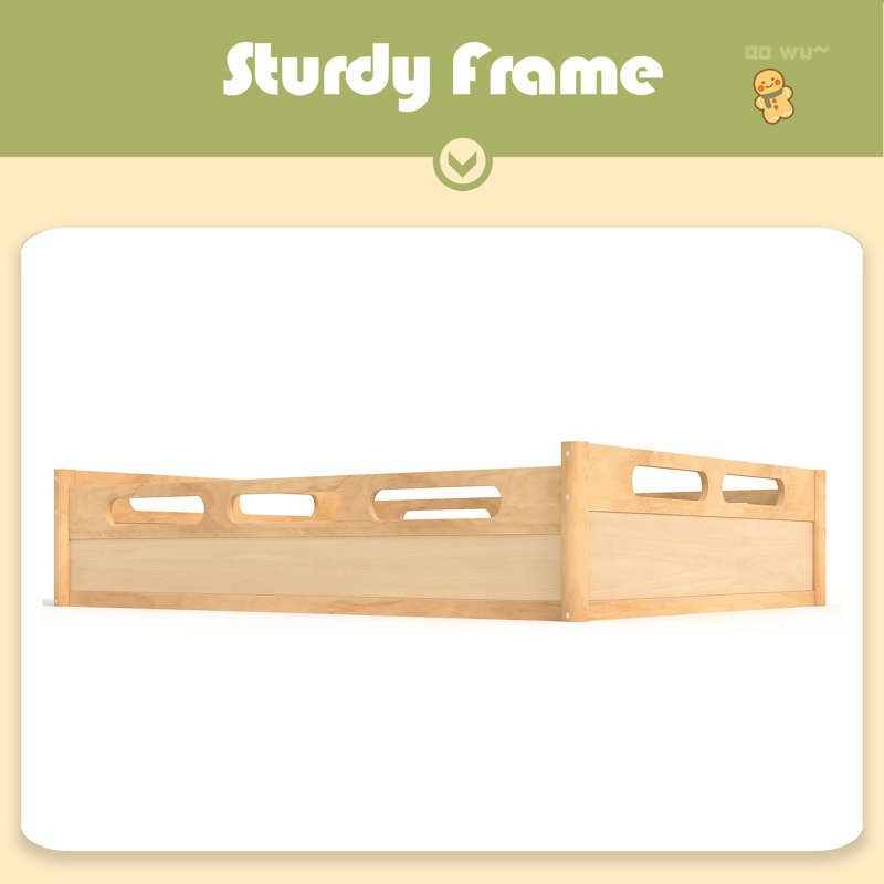 Floor Platform Bed With Full-Length Guardrails, Low Profile Queen Bed Frame With Wood Slats Support, No Box Spring Needed