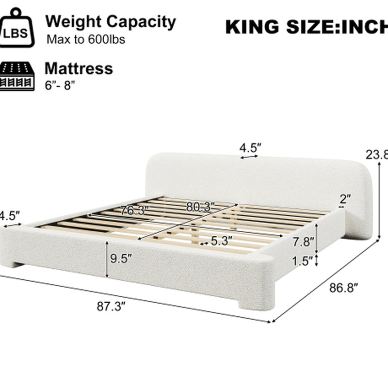 Lit très grand rembourré White Boucle, conception simple avec confort, structure en bois, facile à entretenir avec 10 lattes douillettes, expérience de sommeil confortable