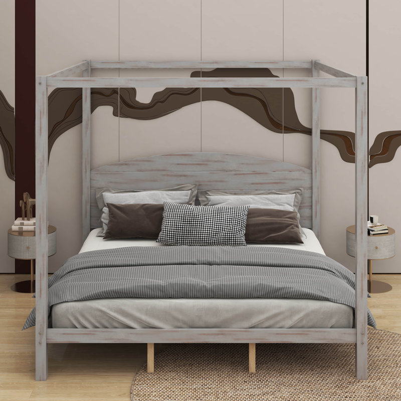 Très grand lit plateforme à baldaquin avec tête de lit et pieds de support, Gris délavé