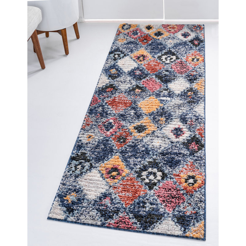 Tapis géométrique bleu marine / jaune / orange, Tapis de couloir 2 pi 7 po x 10 pi