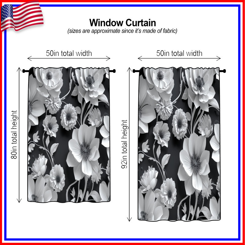 Rideaux noirs et blancs à motif floral, voilages et voilages à fleurs - 1 panneau, 50" x 80" - 1 Panel, Blockout