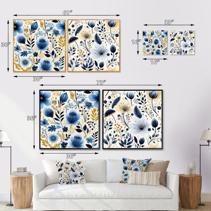 Nordic Yellow Blue Garden Dreams II - Abstract Botanicals Square, ensemble de 2 collages carrés, Cadre flottant noir