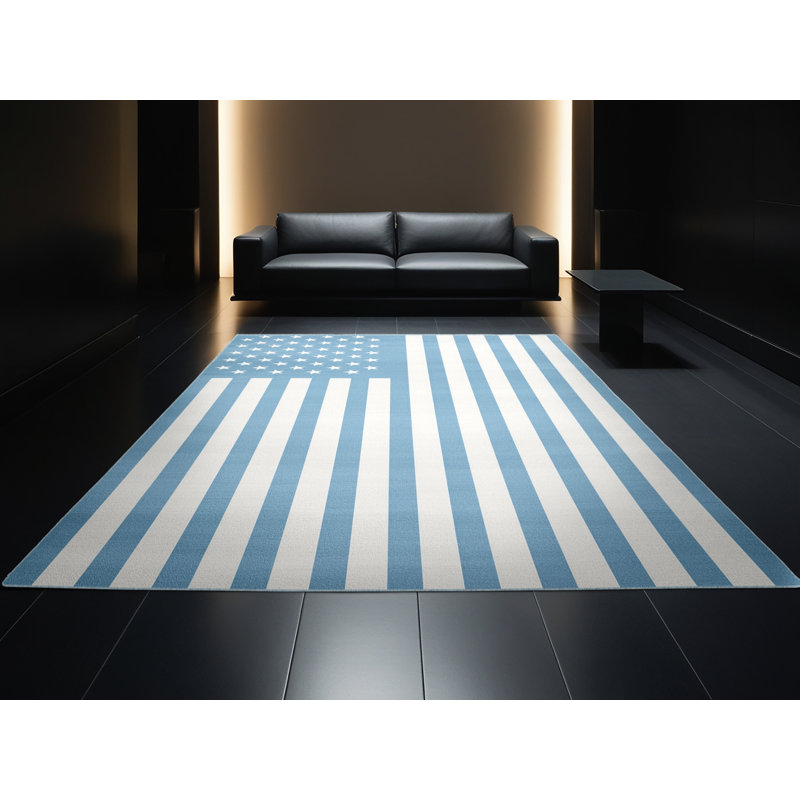 Machine Washable Midtown July 4Th Modern & Contemporary Abstract Rug in Blue – SkyBlue Binding, 8x10