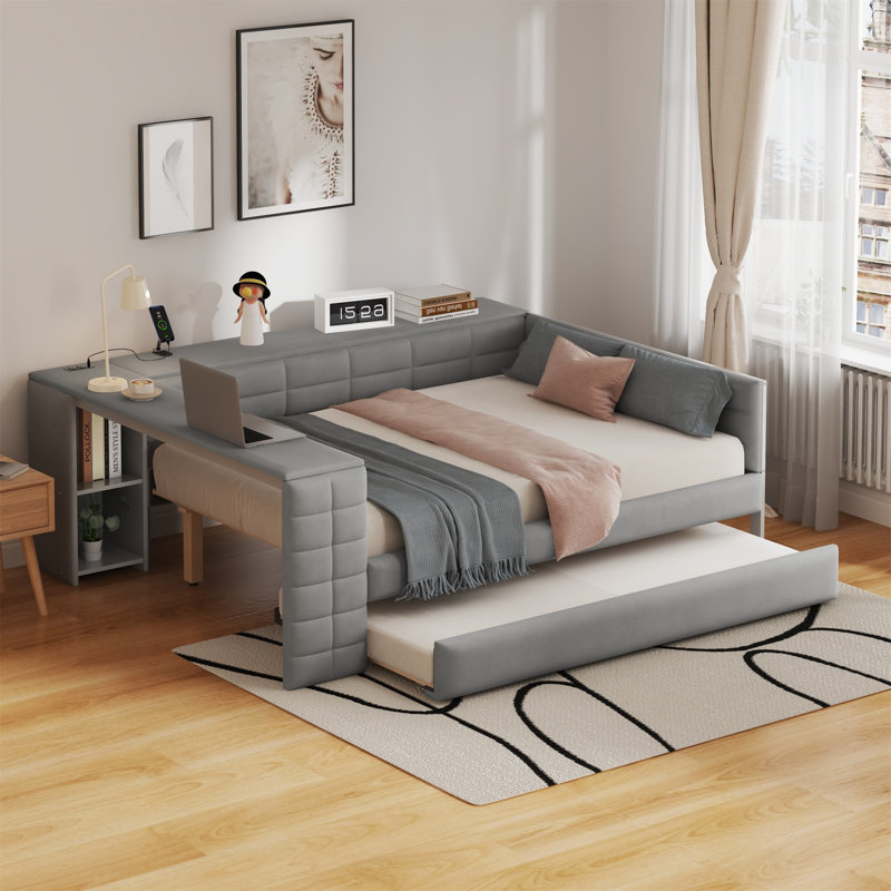 Tufted pholstered Full Daybed with Full Trundle, Storage Shelves and Charging Ports, Gray