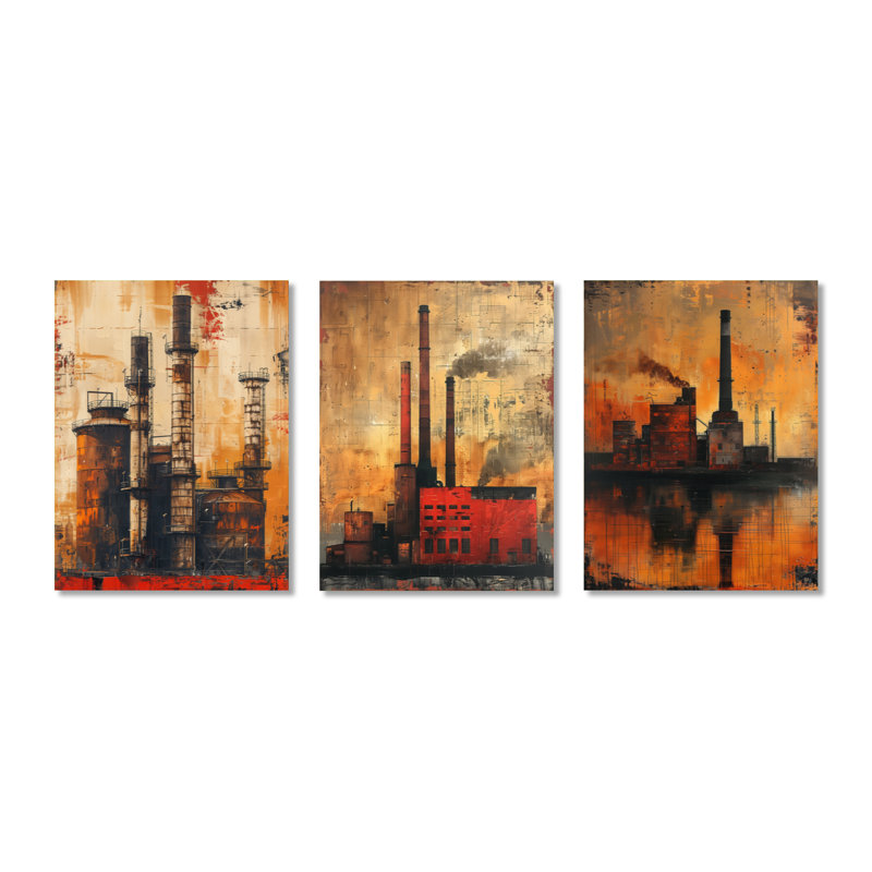 Vintage Industrial Factory Polution I – Orange Factories 3 Panel Metal Wall Decor, 32" H x 72" W