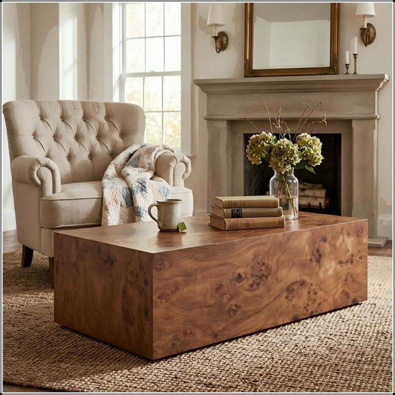 Burl Walnut Veneer Long Coffee Table