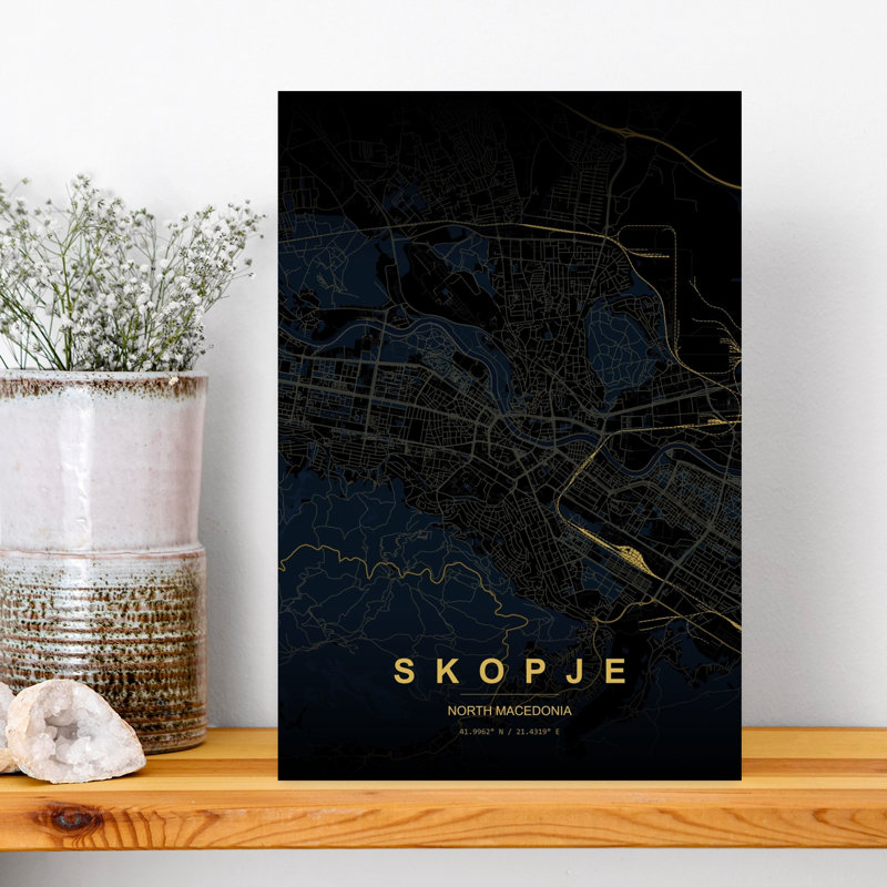 Skopje Night Map Abstract Modern City Wall Art Print 1 Piece Wrapped Canvas Wall Art, 45.72cm H x 30.48cm W