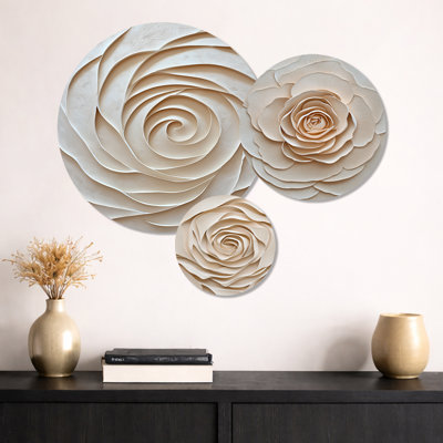 Spirale abstraite de fleur de rose beige - ensemble de 3 décorations murales en métal rose