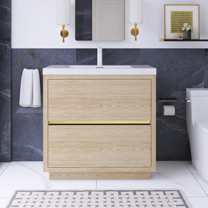 36 po Meuble-lavabo autoportant à simple cuve, Bois de chêne naturel