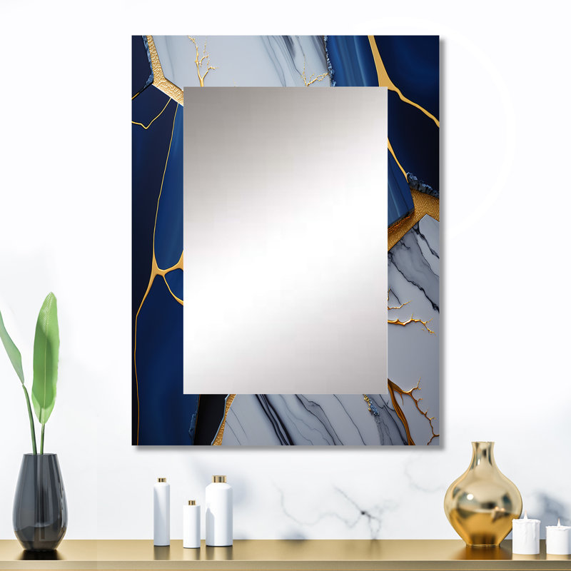 Abstrait géométrique bleu I - décor de miroir mural unique en marbre, grand miroir moderne, art imprimé en métal