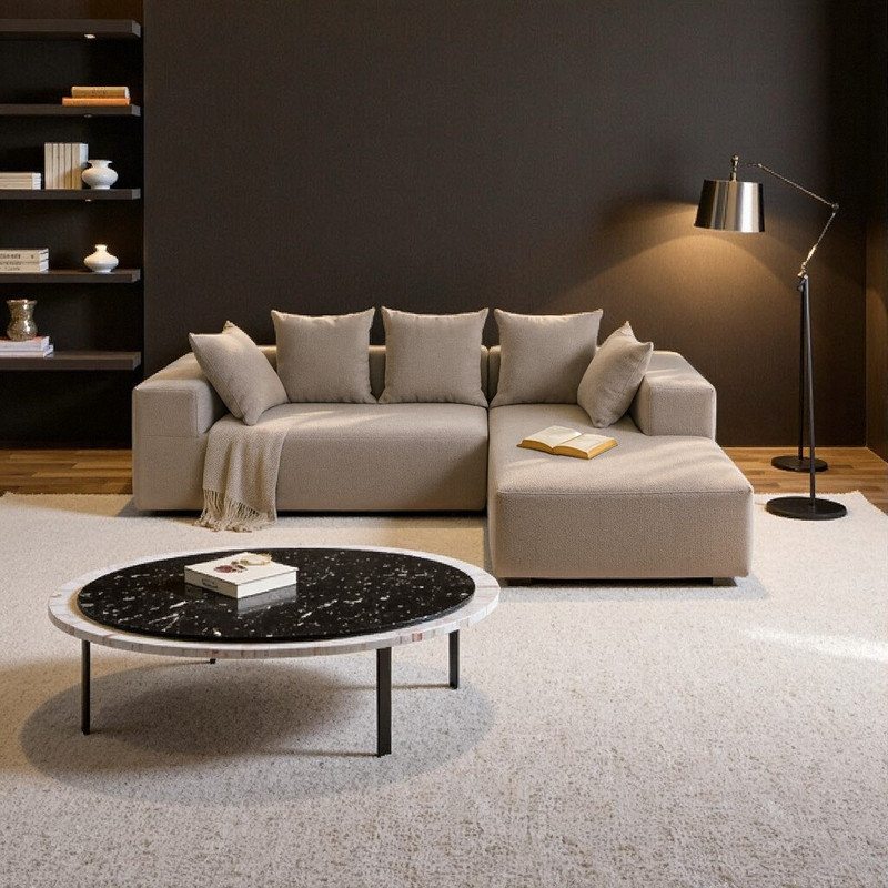 Ensemble de canapés modulaires en mousse compressée avec 5 coussins décoratifs écologiques, Tissu gris
