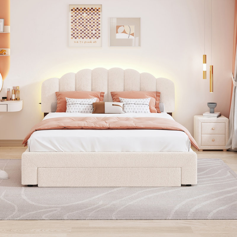 Lit plateforme tapissier Teddy, Beige