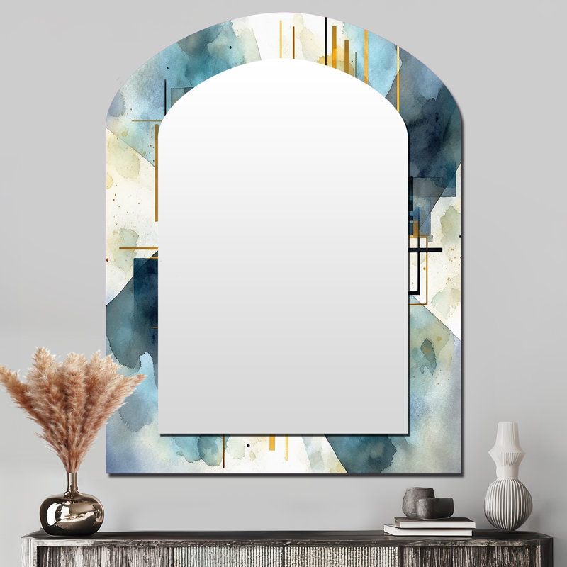 Gold Blue Abstracted Realities - Abstract Shapes Asymmetrical Large Mirror, Modern Arch Decorative Wall Mirror, Printed Metal Art