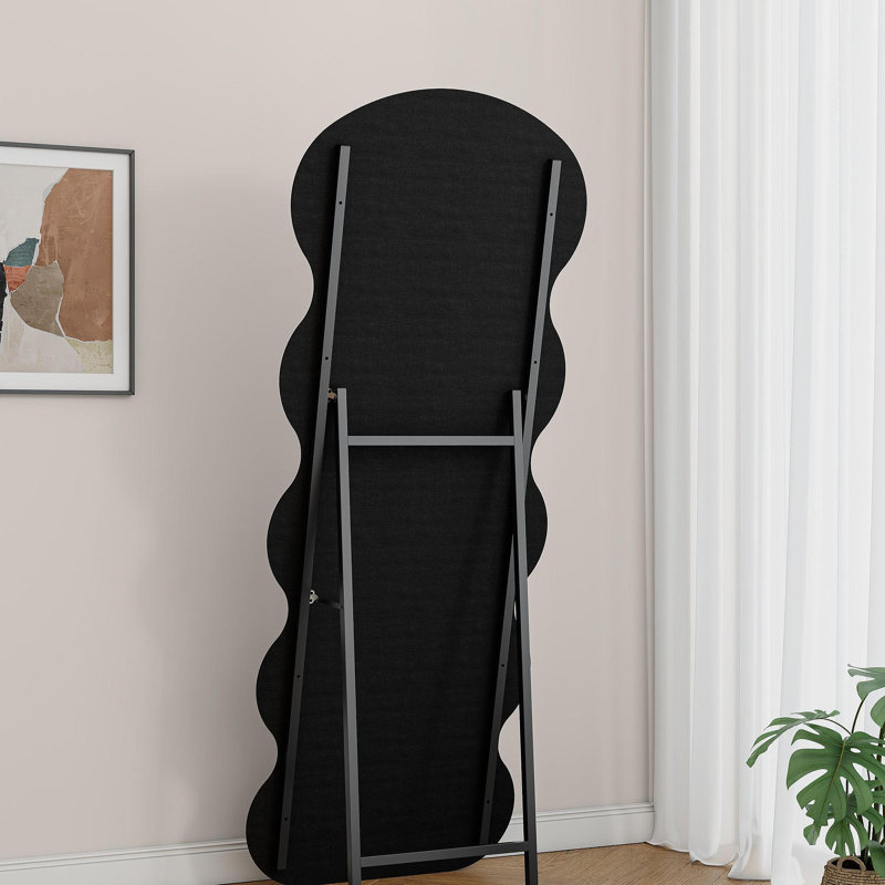 Flannel Full Length Wave Black Floor Mirror With Stand For Bedroom Living Room Hanging Or Against The Wall